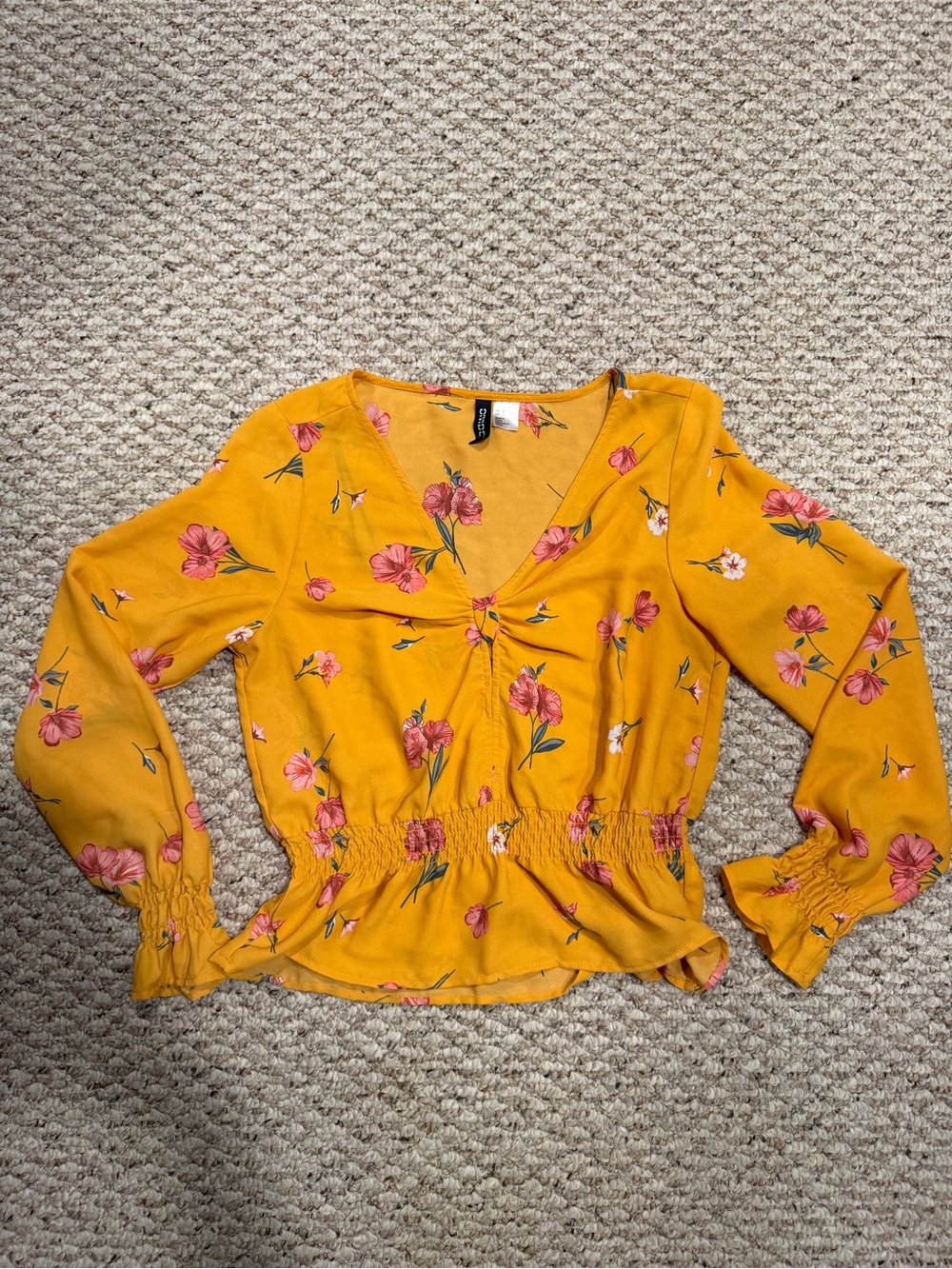 H&M Mustard Floral V-Neck Smocked-Waist Blouse